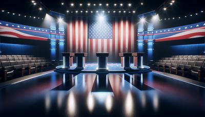 Escenario de debate con podios y telón de fondo de la bandera estadounidense.