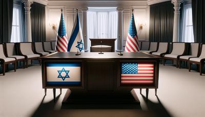 Tavolo del dibattito con le bandiere israeliana e americana in mostra.