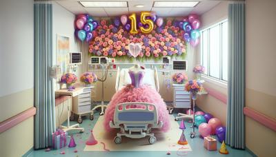 Sala d'ospedale decorata con addobbi a tema quinceañera.