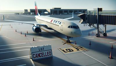 Avion Delta sur le tarmac avec des panneaux de vol annulé.