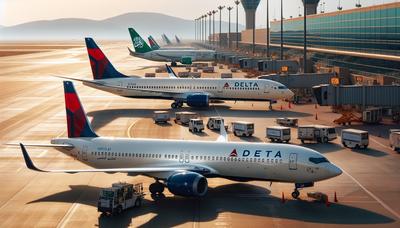 Aviones de Delta y Riyadh Air en la terminal del aeropuerto.