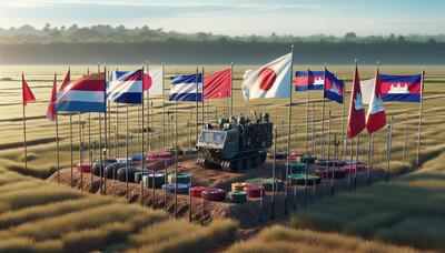 Equipamento de desminagem em campo com bandeiras do Japão e do Camboja