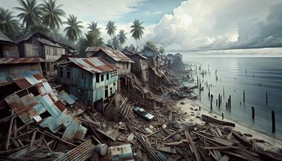 Casas de favela demolidas em uma costa de Bornéu.

