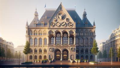 Stadhuis Den Haag met logo's van politieke partijen.