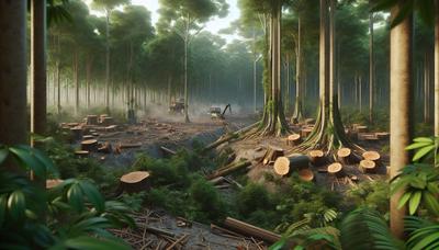 Forêt dense amazonienne avec des souches d'arbres et des équipements de coupe.