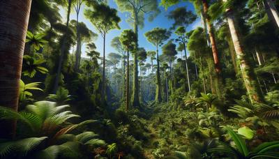 Forêt dense de l'Amazonie avec un ciel bleu clair.