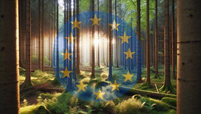 Forêt dense avec un drapeau de l'Union européenne estompé en surimpression.