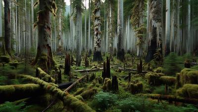 Dichter alter Wald mit selektivem Holzeinschlag und Brandnarben.