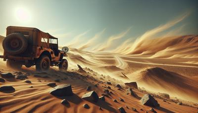 Paesaggio desertico con jeep militare e strada vuota.