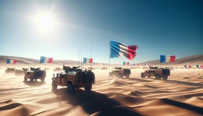 Paysage désertique avec des véhicules militaires et des drapeaux français.