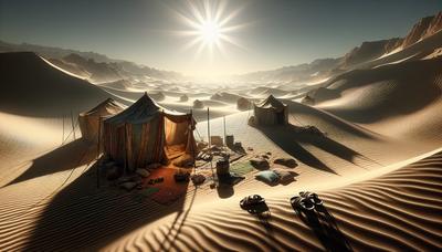 Il sole del deserto splende sul luogo di pellegrinaggio e sulle tende.

