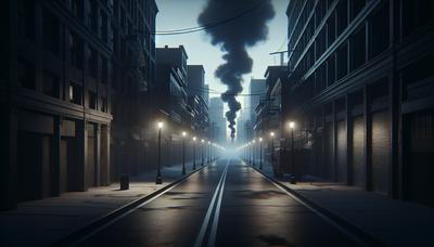 Rue déserte au crépuscule avec une colonne de fumée lointaine.