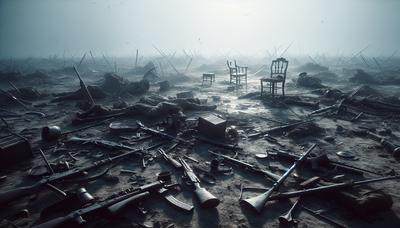 Campo de batalla desolado con armas rotas y sillas vacías.