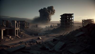 Paisaje desolado con edificios destrozados y humo elevándose.