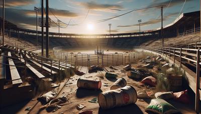 Arena de rodeo desolada con bolsas de alimento para caballos abandonadas.