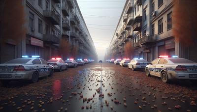 Calle desolada en Madyan con coches de policía estacionados.