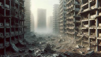 Prédios destruídos com fumaça e destroços por toda parte.