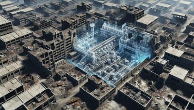 Bâtiments détruits avec une superposition de plan d'atelier clandestin d'armes souterrain.