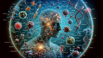 Mapa molecular humano detalhado com vias de doenças destacadas.