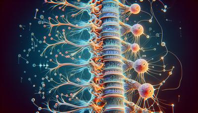 Diagramma dettagliato del midollo spinale con neuroni e geni evidenziati.