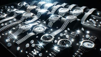 Montres en bijoux de diamant sur fond sombre avec lumières.