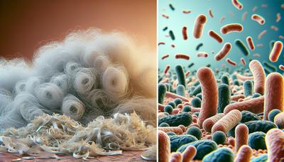 Suplemento alimentar com diagramas de fibras e bactérias intestinais.