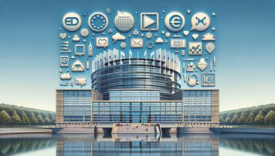 Simboli di campagne digitali su sfondo del Parlamento Europeo

