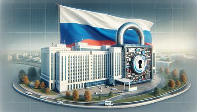 Icono de candado digital sobre hospital con bandera rusa.