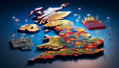 Mappa digitale del Regno Unito con seggi evidenziati.
