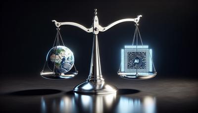 Balances numériques équilibrant un globe et des icônes d’IA.