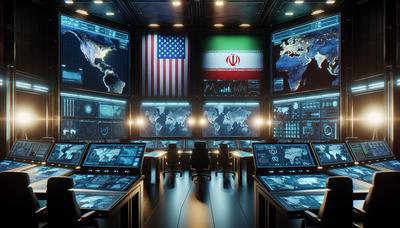 Digitaler Kriegsraum mit US- und Iran-Flaggen.