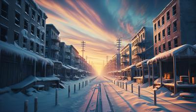 Rifugi fatiscenti tra strade innevate con un tramonto.