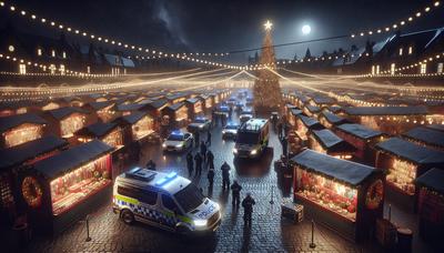 Schwach beleuchteter Weihnachtsmarkt mit Polizeipräsenz.