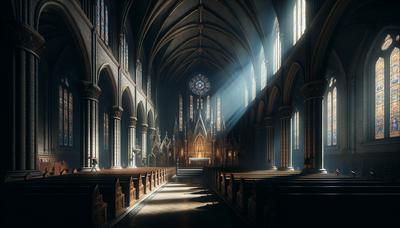 Intérieur d'église faiblement éclairé avec des ombres intenses.