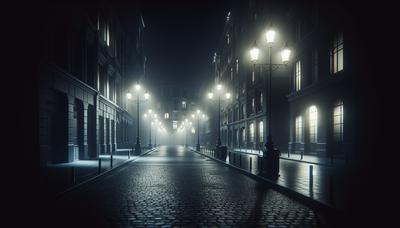 Schwach beleuchtete Straßen mit flackernden Lichtern in der Nacht.