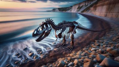 Dinosaurusskelet op rotsachtige kust bij Compton Bay.