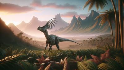 Dinosaure avec des cornes en forme de lames dans un paysage préhistorique