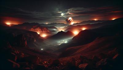 Explosões distantes iluminam o céu noturno sobre as montanhas libanesas.