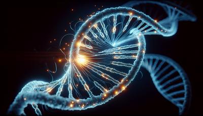 Elica di DNA con segmento genico evidenziato e luminoso.