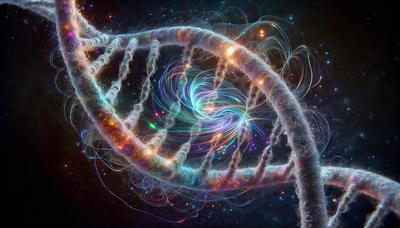 Hélice de DNA com partículas quânticas brilhantes ao seu redor.