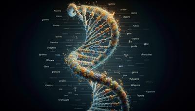 DNA-helix met gemarkeerde gensegmenten en trefwoorden.