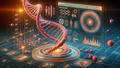 DNA-Helix mit hervorgehobenen Mutationspunkten und Datenvisualisierung