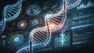 Hélice de DNA com seções destacadas e gráficos de dados.