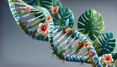 DNA-Strang mit einem Uhrensymbol und hawaiianischer Flora.