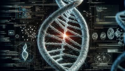 DNA-Strang mit digitalen AI-Schnittstellenelementen.