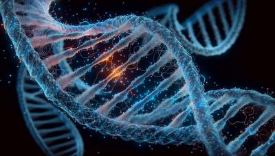 Filamento di DNA con variante genica evidenziata che brilla.