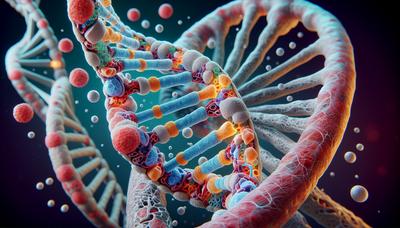 Fita de DNA com realce nos intensificadores genéticos e estrutura óssea destacada.

