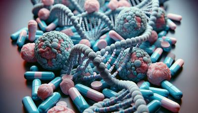 DNA-sträng med tabletter och äggstockscancerceller.

