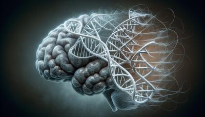 알츠하이머 병으로 손상된 뇌를 배경으로 한 희미해져가는 DNA 가닥들

