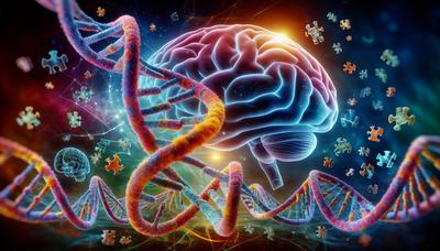 DNA-Stränge mit Gehirn- und Puzzlestücke-Hintergrund